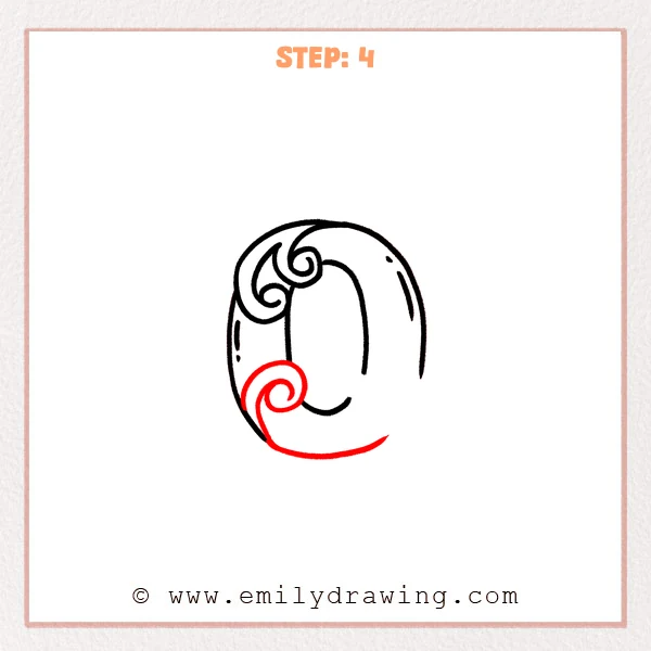 how to draw a fancy letter o - Fancy letter O Step 4 showing a lower-left spiral and extended bottom curve