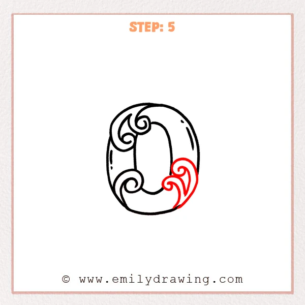 how to draw a fancy letter o - Fancy letter O Step 5 showing paired spirals decorating the lower right