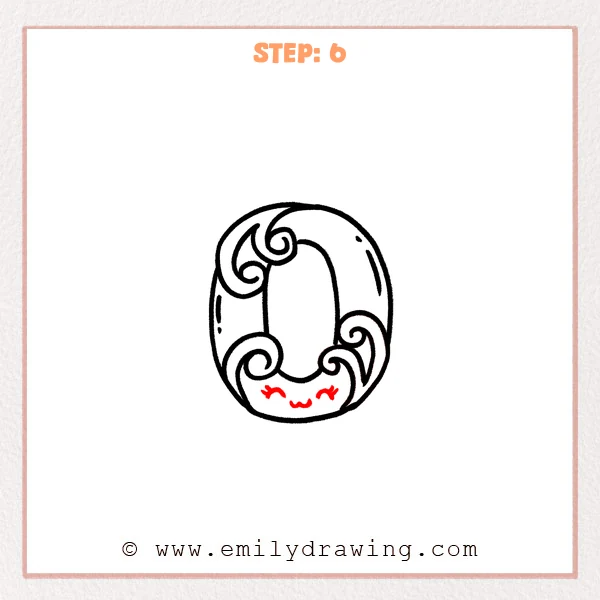how to draw a fancy letter o - Fancy letter O Step 6 showing a closed-eye smiling face completing the ornate letter