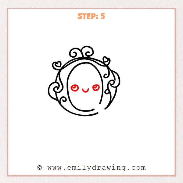 how to draw a fancy letter q - Fancy letter Q Step 5 showing bright eyes and a smile inside the ornate oval