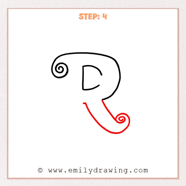 how to draw a fancy letter r - Fancy letter R Step 4 showing a wide diagonal leg with a spiral foot