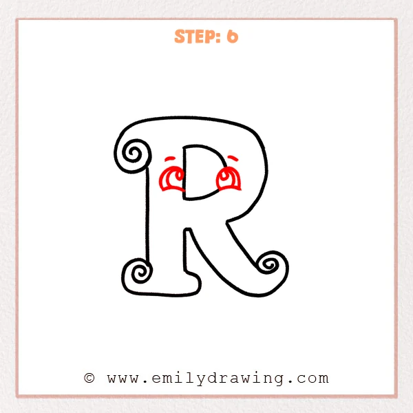 how to draw a fancy letter r - Fancy letter R Step 6 showing bright eyes completing the decorative letter