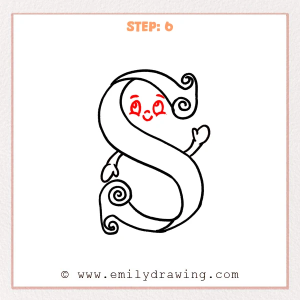 how to draw a fancy letter s - Fancy letter S Step 6 showing a cheerful face completing the character letter