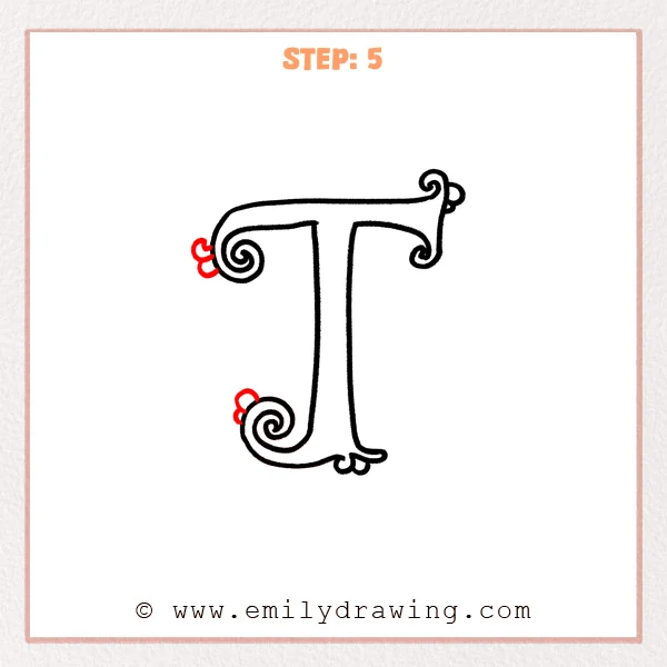 how to draw a fancy letter t - Fancy letter T Step 5 showing paired petal accents on the left side