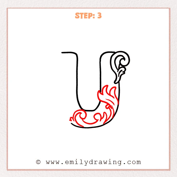 how to draw a fancy letter u - Fancy letter U Step 3 showing layered leaf curls along the lower right