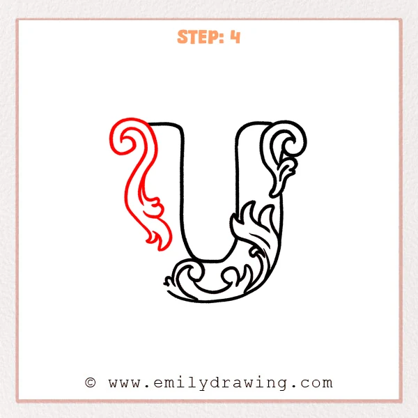 how to draw a fancy letter u - Fancy letter U Step 4 showing a curled leaf flourish on the upper left