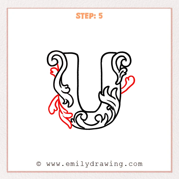 how to draw a fancy letter u - Fancy letter U Step 5 showing heart-shaped leaves extending from both sides