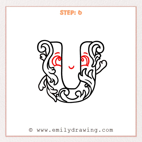 how to draw a fancy letter u - Fancy letter U Step 6 showing bright eyes and a smile completing the ornate letter