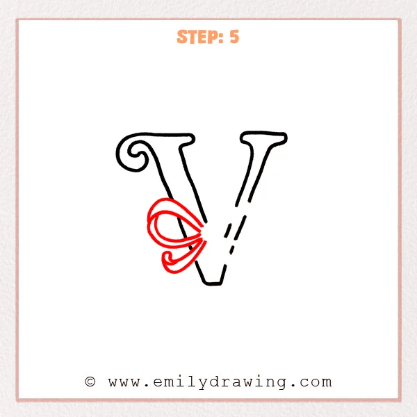 how to draw a fancy letter v - Fancy letter V Step 5 showing the left loop and tail of a bow