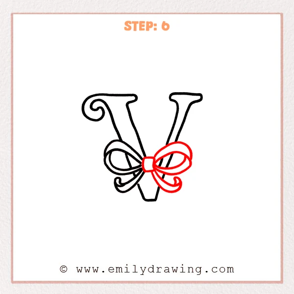 how to draw a fancy letter v - Fancy letter V Step 6 showing a complete bow around the lower letter