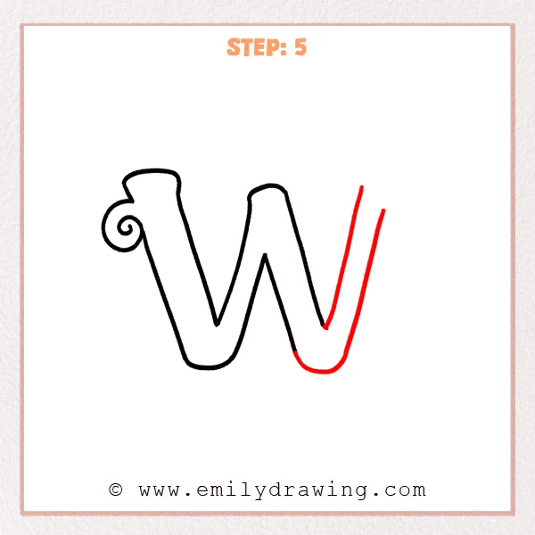 how to draw a fancy letter w - Fancy letter W Step 5 showing the completed right stroke and rounded second valley