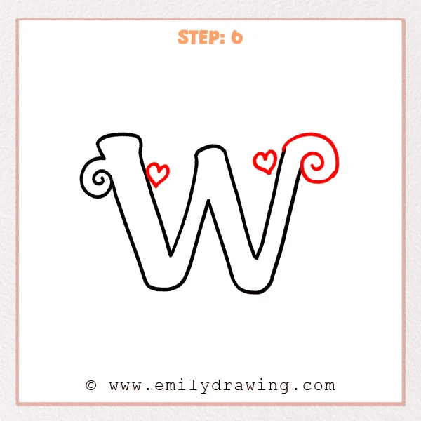 how to draw a fancy letter w - Fancy letter W Step 6 showing a right spiral and two hearts completing the letter