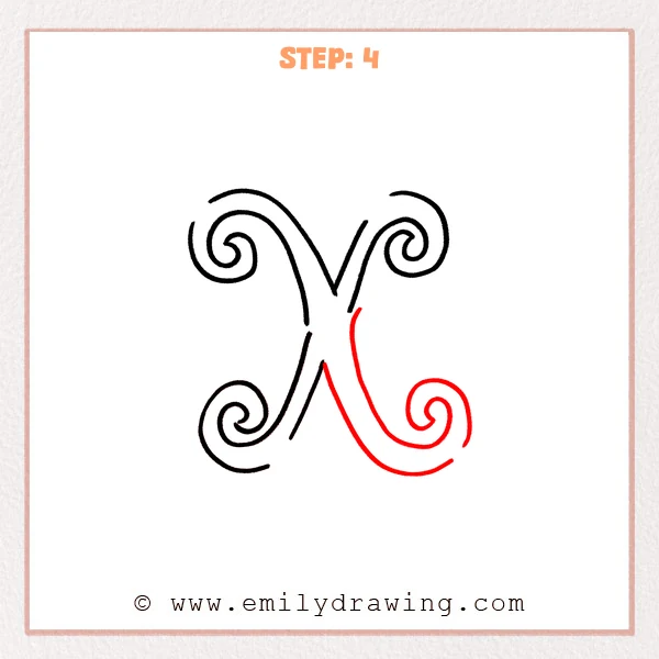 how to draw a fancy letter x - Fancy letter X Step 4 showing all four curled arms of the decorative letter.