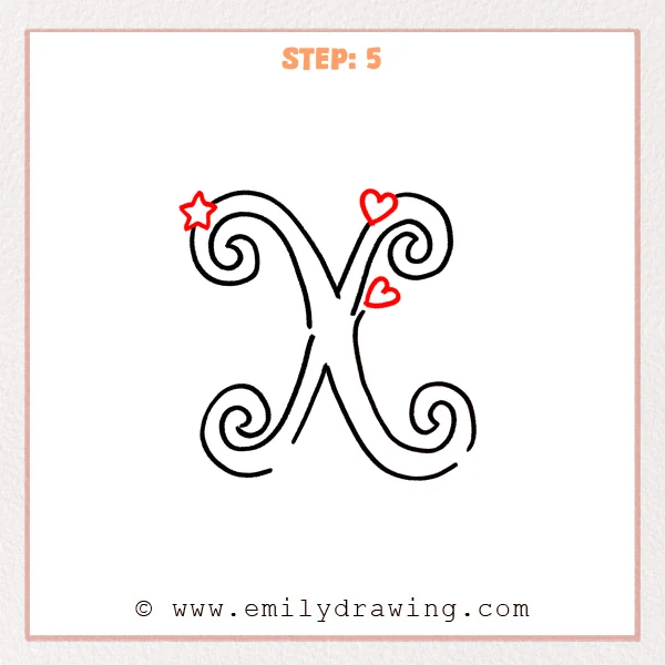 how to draw a fancy letter x - Fancy letter X Step 5 showing a star and two hearts around the upper half.