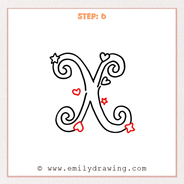how to draw a fancy letter x - Fancy letter X Step 6 showing the completed letter with hearts and stars around its lower half.