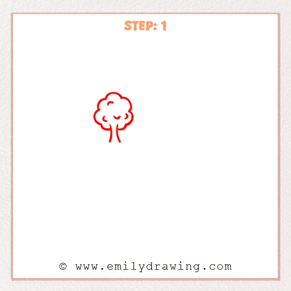 how to draw a farm - Farm Step 1 showing a rounded leafy tree with a simple curved trunk.