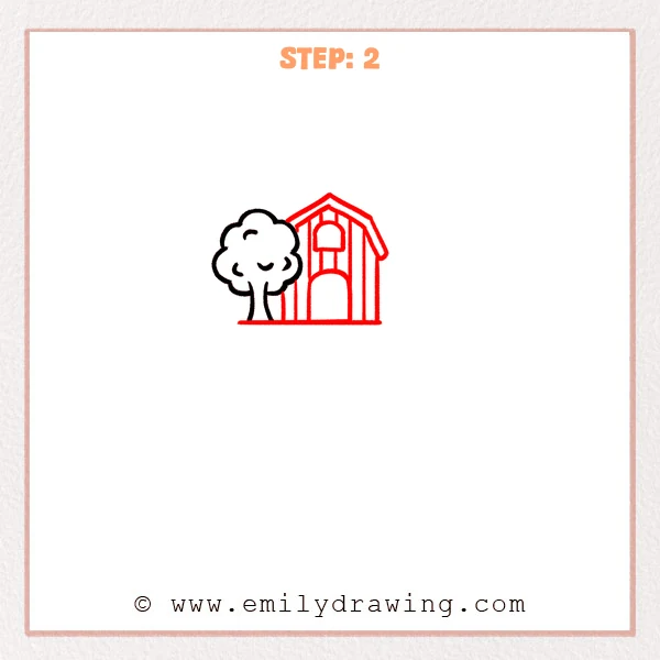 how to draw a farm - Farm Step 2 showing a detailed barn added to the right of the tree.