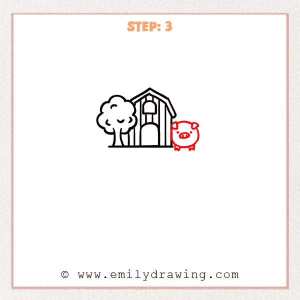 how to draw a farm - Farm Step 3 showing a small round pig standing beside the barn.