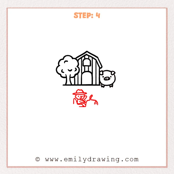 how to draw a farm - Farm Step 4 showing a seated farmer beginning to drive a tractor.