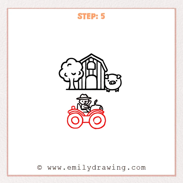 how to draw a farm - Farm Step 5 showing the farmer seated on a completed tractor with two wheels.