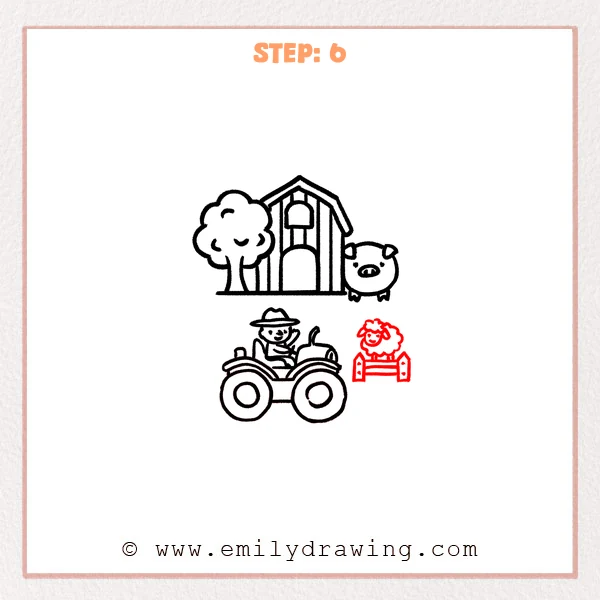 how to draw a farm - Farm Step 6 showing the finished scene with a sheep standing behind a fence.