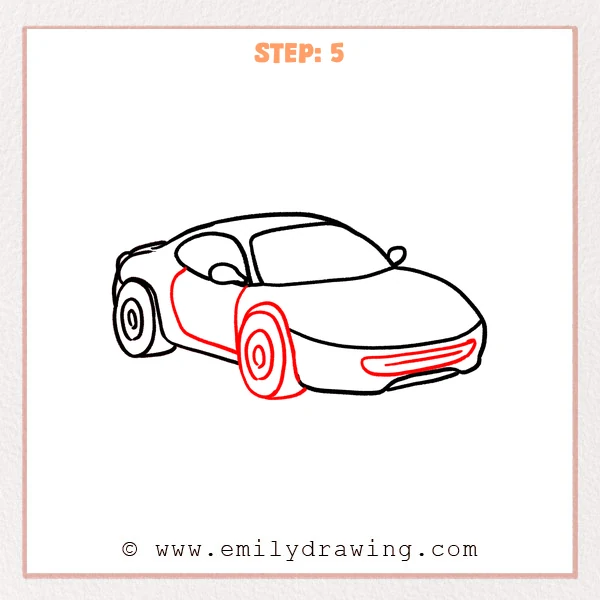 how to draw a ferrari - Ferrari gains its front wheel, wheel arch, door outline, and grille.