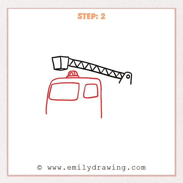 how to draw a fire truck - Fire truck gains an upper cab, two windows, and a roof beacon.