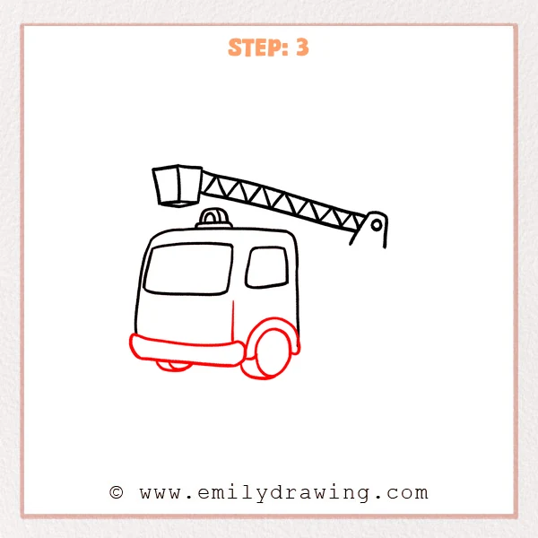 how to draw a fire truck - Fire truck gains a front bumper, door seam, wheel arch, and cab wheels.