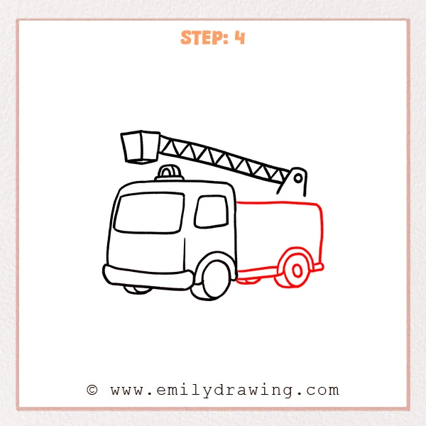 how to draw a fire truck - Fire truck gains its rear body, lower rail, rear wheel, and partial far wheel.