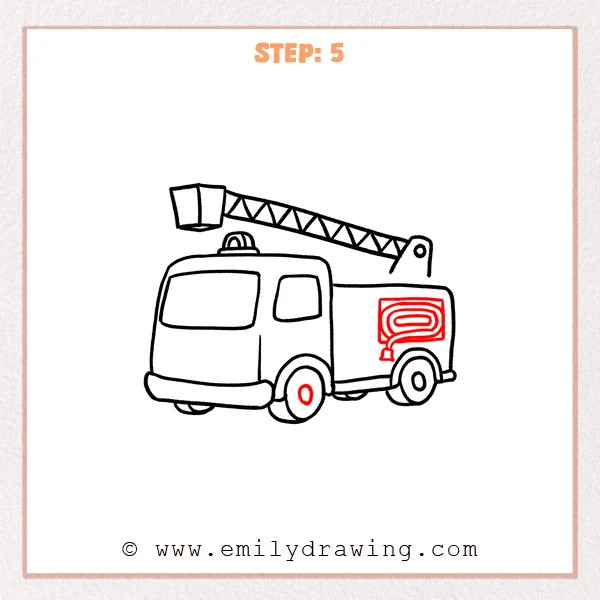 how to draw a fire truck - Fire truck gains a coiled hose, nozzle, storage frame, and front wheel hub.