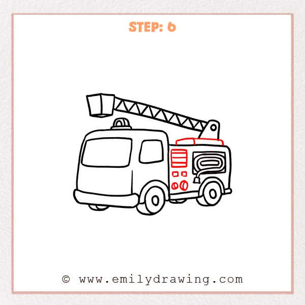 how to draw a fire truck - Fire truck gains a ladder platform, striped panel, square controls, and round fittings.