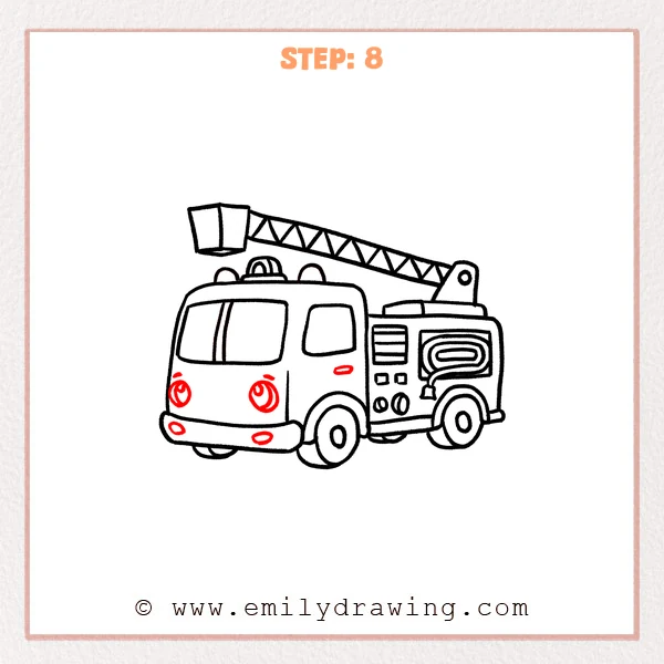 how to draw a fire truck - Fire truck gains expressive eyes, eyebrows, bumper lights, and a door handle.
