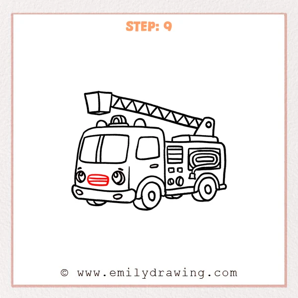 how to draw a fire truck - Fire truck is completed with a rounded front grille and horizontal bars.