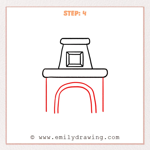how to draw a fireplace - Fireplace gains its lower side walls and double arched opening.