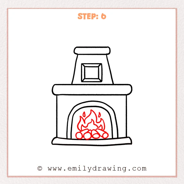 how to draw a fireplace - Fireplace gains four logs, layered flames, and two floating sparks.
