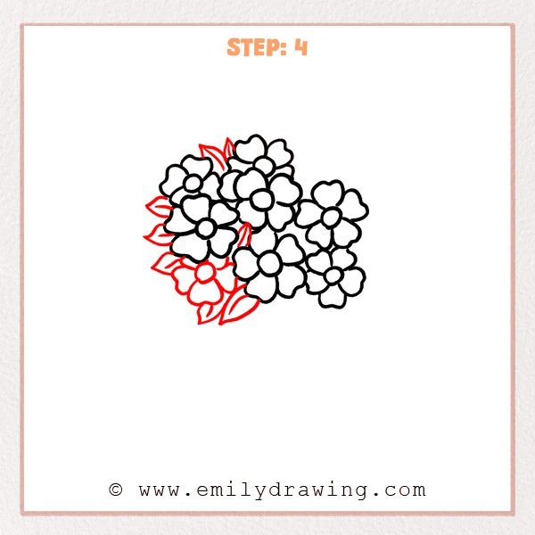 how to draw a flower bouquet - Flower bouquet gains a lower-left flower and pointed leaves around its left side.