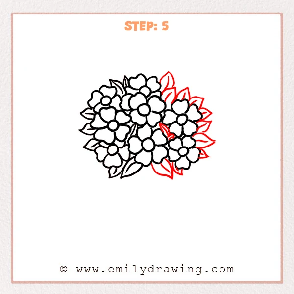how to draw a flower bouquet - Flower bouquet gains a fuller leafy border across its top, right, and lower edges.