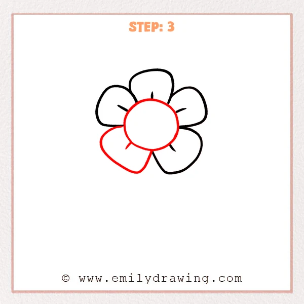 how to draw a flower - Flower gains its fifth petal and a large circular center.