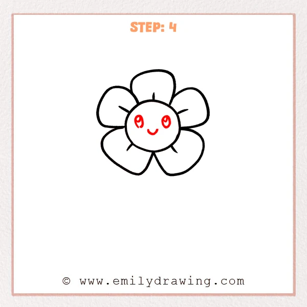 how to draw a flower - Flower gains two oval eyes with highlights and a curved smile.