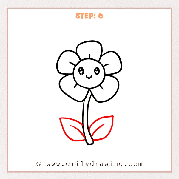 how to draw a flower - Flower gains two broad pointed leaves with curved central veins.