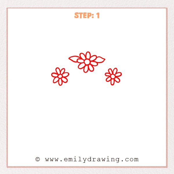 how to draw a flower crown - Flower crown begins with three spaced flowers and two upper leaves.