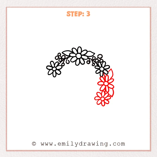 how to draw a flower crown - Flower crown gains two flowers and two leaves along its right side.