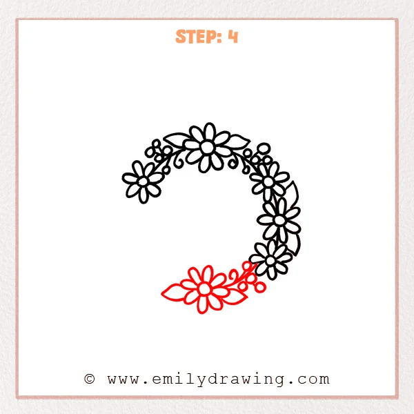 how to draw a flower crown - Flower crown gains a bottom flower, two leaves, and a decorated lower-right stem.