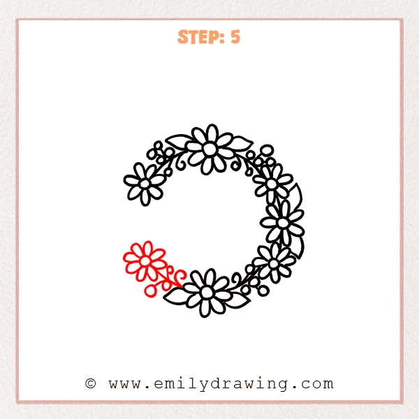 how to draw a flower crown - Flower crown gains a lower-left flower, curved stem, berries, and curl.