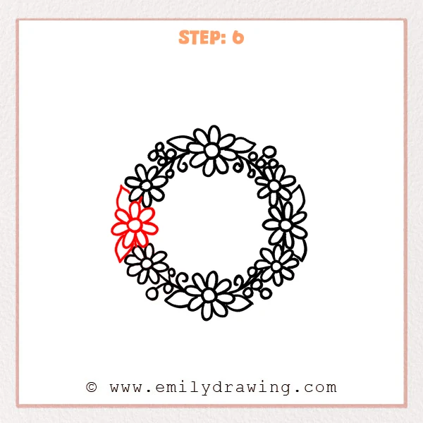 how to draw a flower crown - Flower crown is completed with a left-side flower and two pointed leaves.