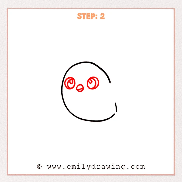 how to draw a flying bird - Flying bird gains large highlighted eyes and a small divided beak.