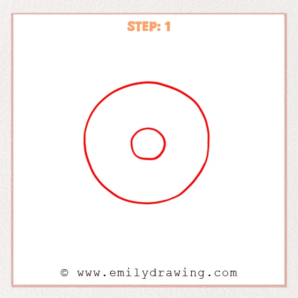 how to draw a food - Food drawing begins with a large doughnut outline and smaller central hole.
