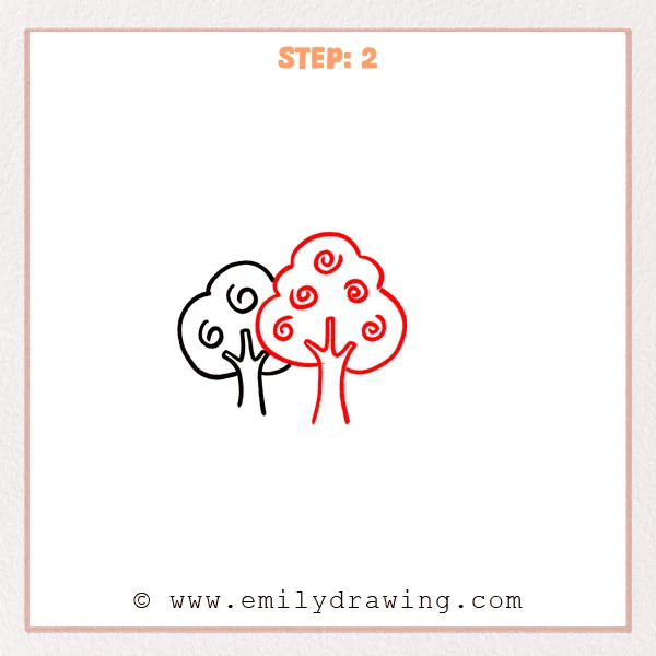 how to draw a forest - Forest drawing gains a larger central tree with five canopy spirals and a branching trunk.