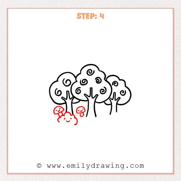 how to draw a forest - Forest drawing adds two smiling mushrooms and a scalloped bush near the left tree.