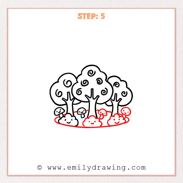 how to draw a forest - Forest drawing gains two right mushrooms, two more bushes, and an oval ground outline.